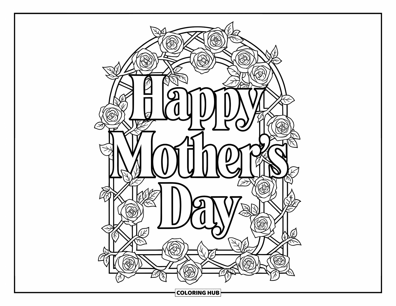 Happy Mothers Day Coloring Page for Adults: Vintage "Happy Mother's Day" framed by a climbing rose trellis