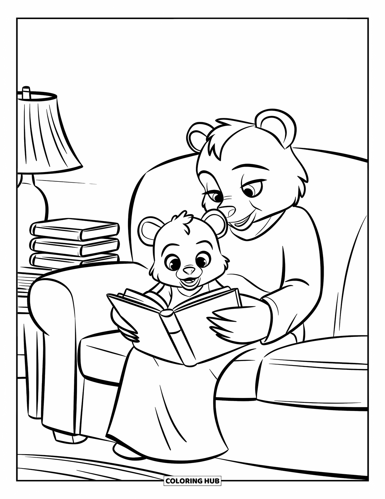 Happy Mothers Day Coloring Page for Kids: A bear mom reads to her cub on a comfy couch
