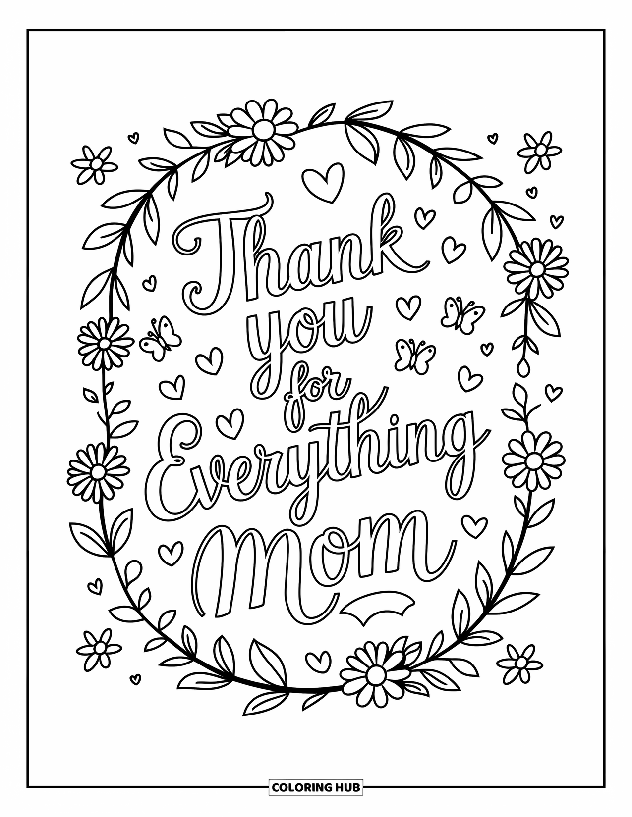 Happy Mothers Day Coloring Page for Kids: A blooming frame surrounds "Thank You for Everything Mom"