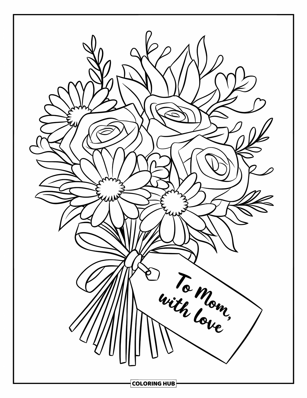 Happy Mothers Day Coloring Page for Kids: A bouquet tied with a ribbon reads "To Mom, With Love"