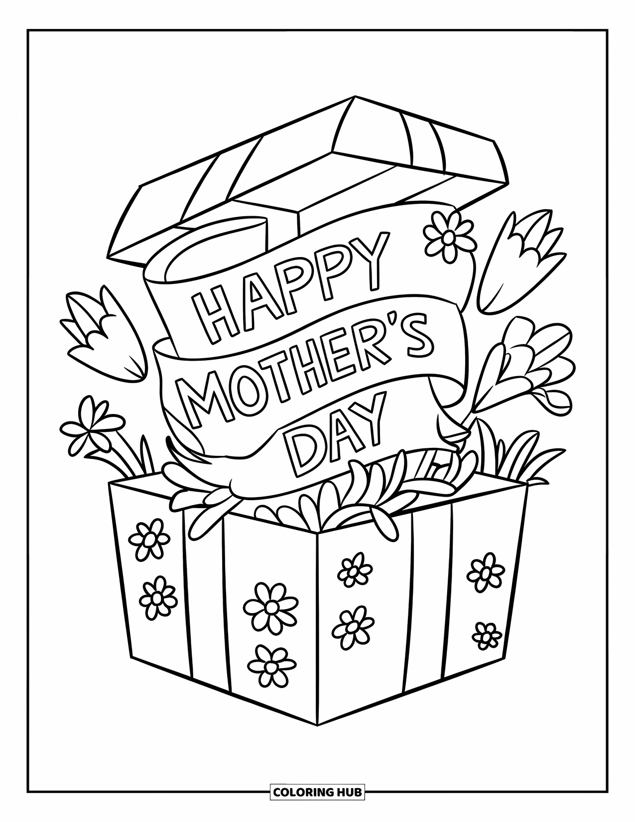 Happy Mothers Day Coloring Page for Kids: A box of flowers opens with a "Happy Mother's Day" scroll