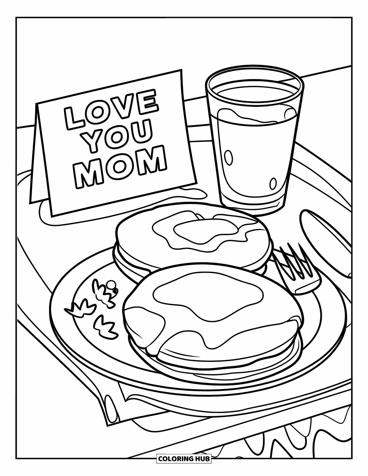 Happy Mothers Day Coloring Page for Kids: A breakfast tray of pancakes and juice says "Love You Mom"