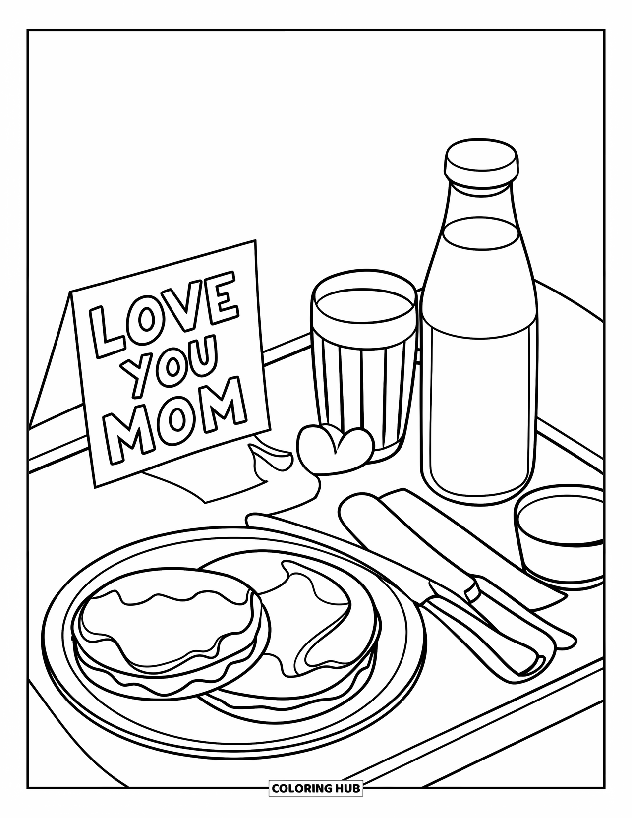 Happy Mothers Day Coloring Page for Kids: A breakfast tray with pancakes, juice, and a "Love You Mom" card