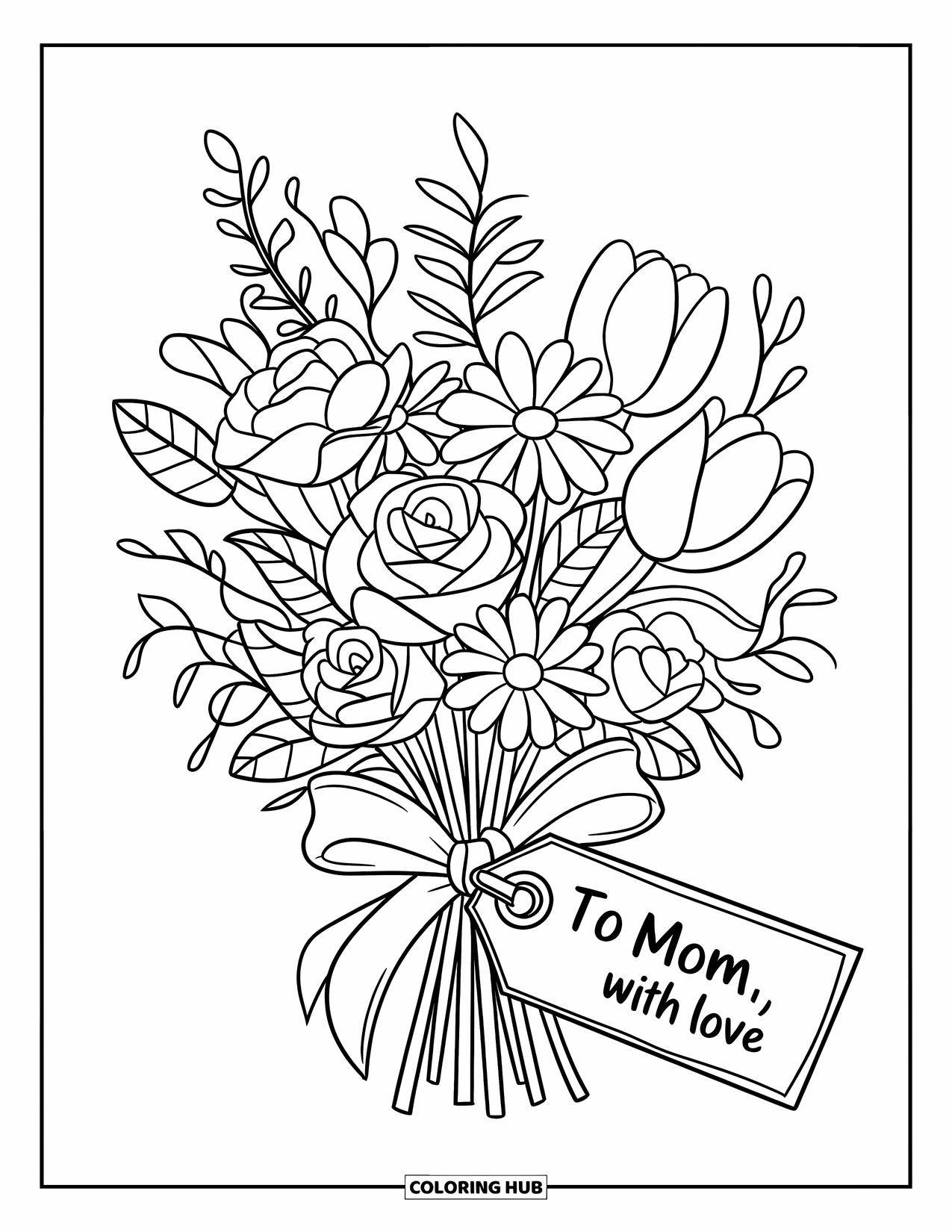 Happy Mothers Day Coloring Page for Kids: A bunch of flowers tied with ribbon says "To Mom, With Love"