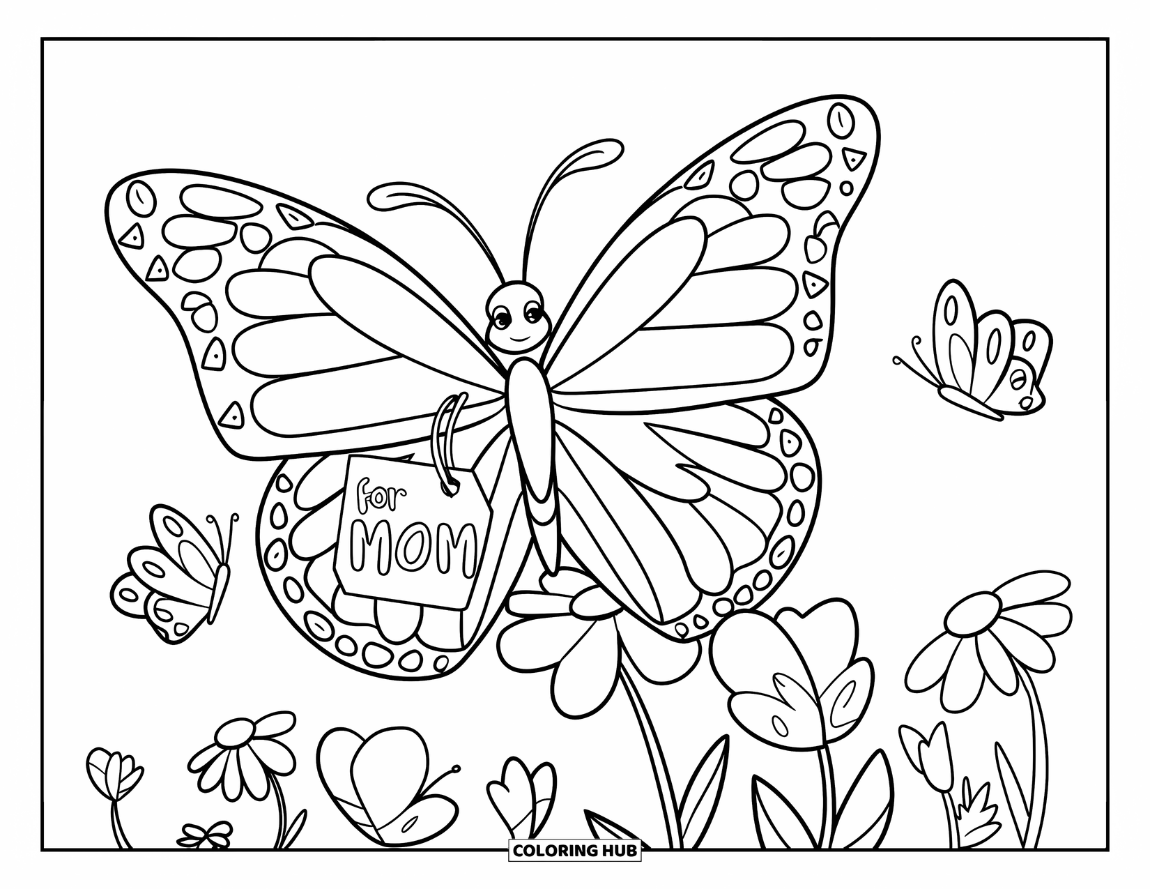 Happy Mothers Day Coloring Page for Kids: A butterfly lands on a flower with a "For Mom" tag