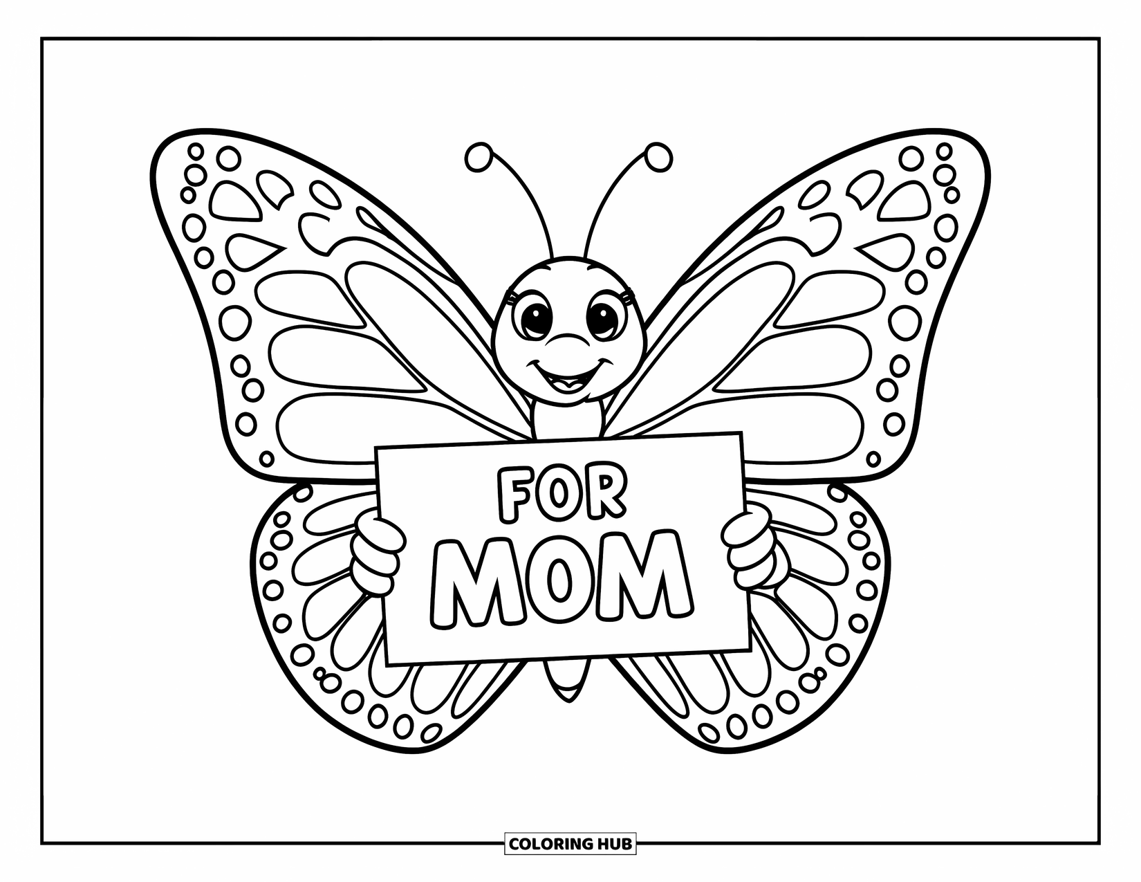 Happy Mothers Day Coloring Page for Kids: A butterfly with heart wings holds a "For Mom" tag
