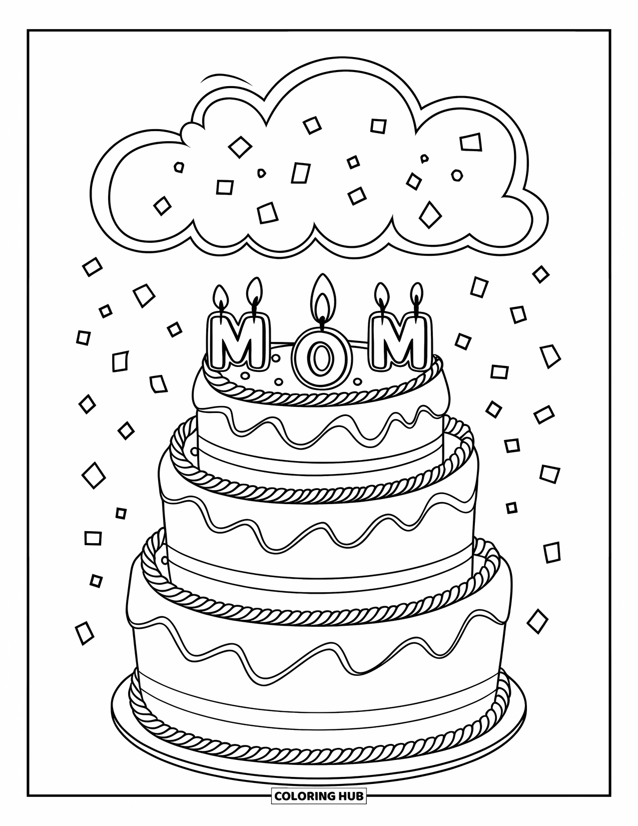 Happy Mothers Day Coloring Page for Kids: A cake with "Mom" candles and confetti celebrates the sweetest mom