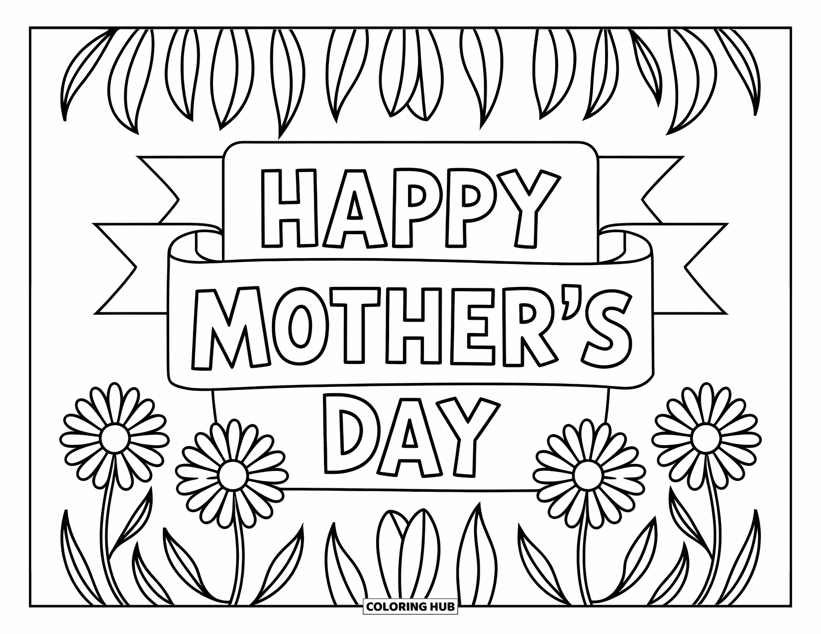 Happy Mothers Day Coloring Page for Kids: A cheerful banner with daisies says "Happy Mother's Day"