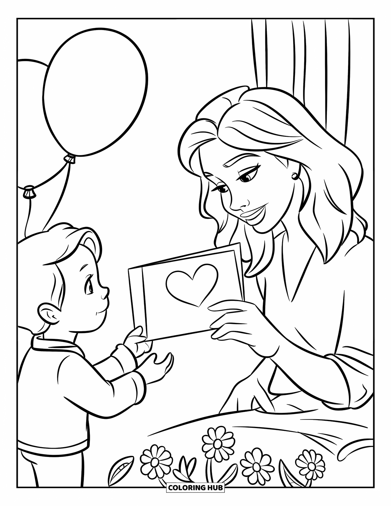 Happy Mothers Day Coloring Page for Kids: A child gives their mom a handmade card with a heart