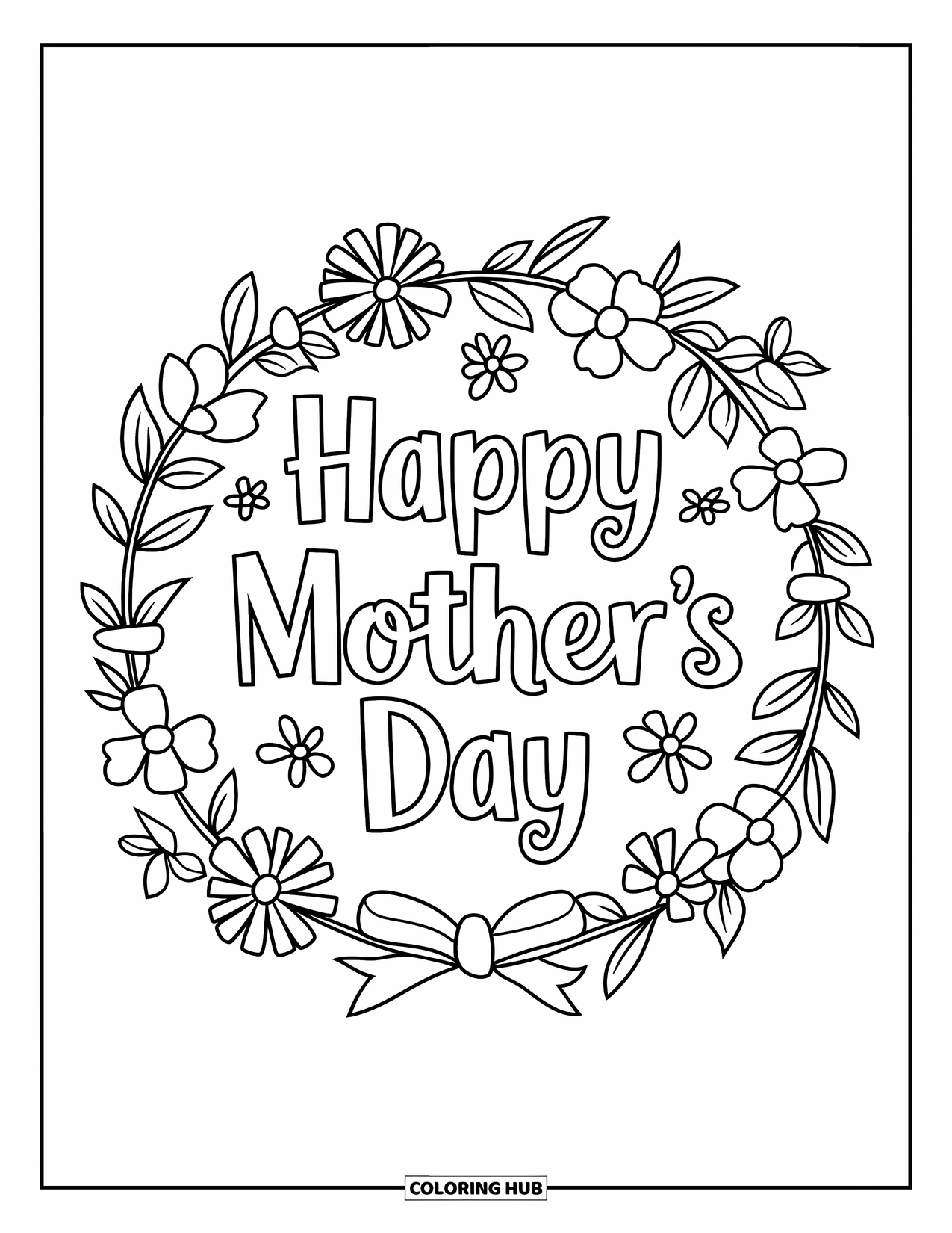 Happy Mothers Day Coloring Page for Kids: A circle of flowers and ribbons surrounds "Happy Mother's Day"