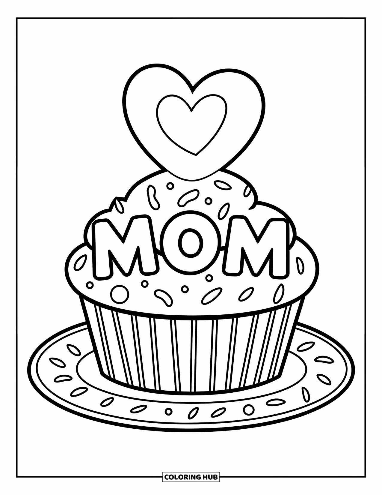 Happy Mothers Day Coloring Page for Kids: A cupcake with sprinkles and a heart that says "Mom"