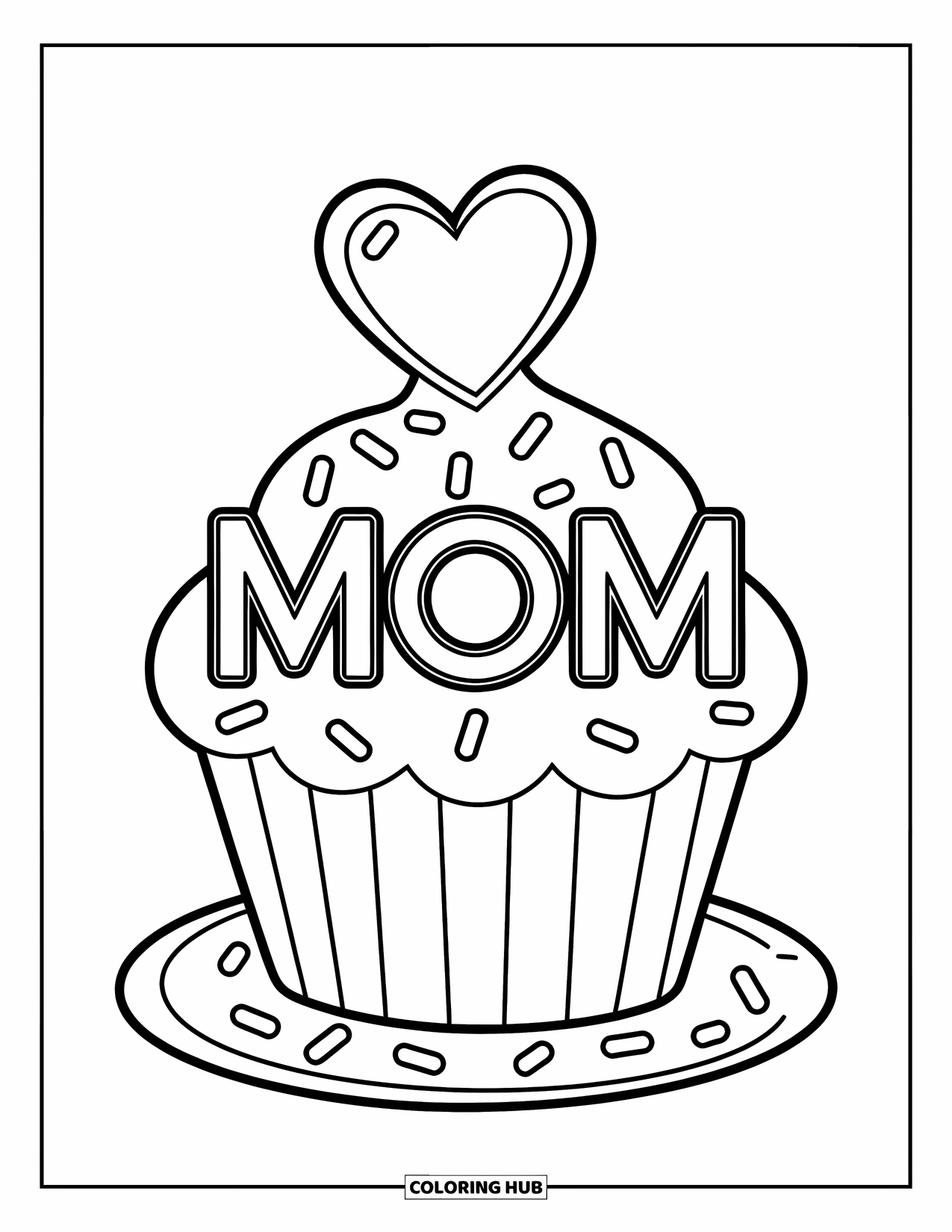 Happy Mothers Day Coloring Page for Kids: A cupcake with sprinkles and a "Mom" heart topper