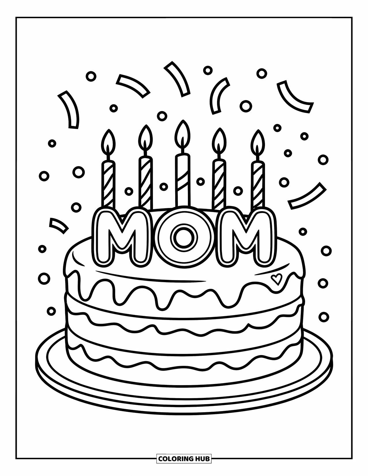 Happy Mothers Day Coloring Page for Kids: A festive cake with "Mom" candles and confetti overhead