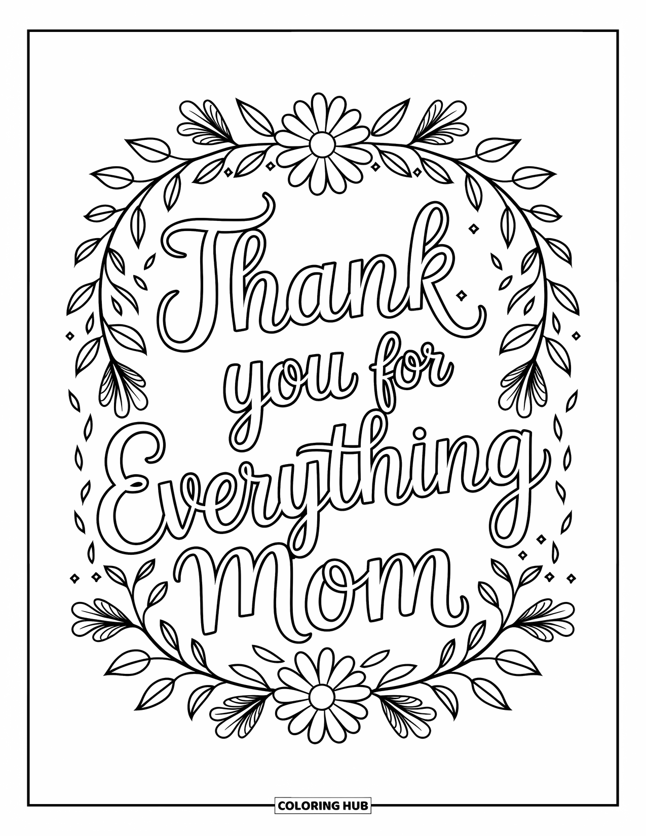 Happy Mothers Day Coloring Page for Kids: A floral frame says "Thank You for Everything Mom"