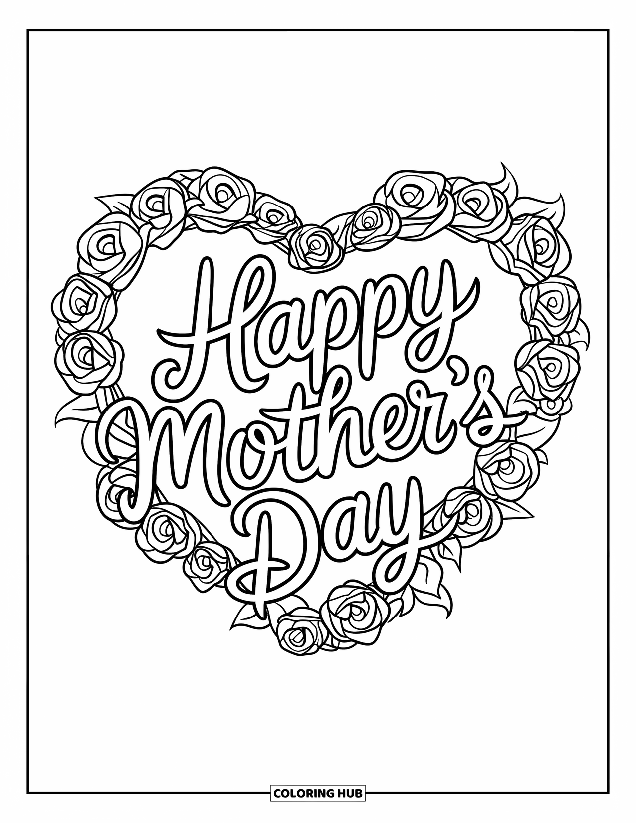 Happy Mothers Day Coloring Page for Kids: A heart of roses beautifully says "Happy Mother's Day"
