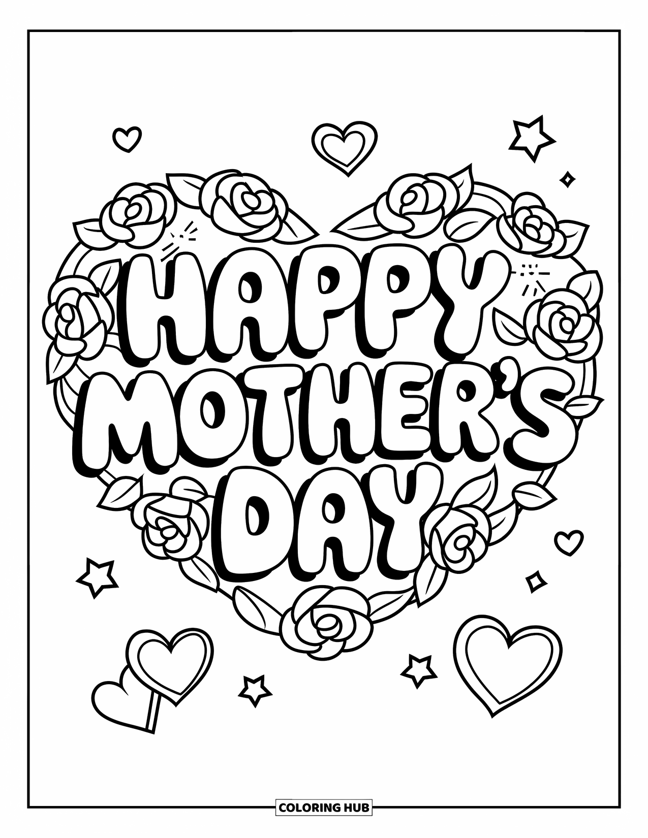 Happy Mothers Day Coloring Page for Kids: A heart of roses surrounds "Happy Mother's Day" in bold letters