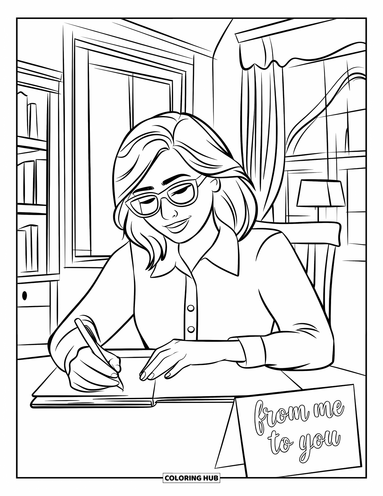 Happy Mothers Day Coloring Page for Kids: A mom journals peacefully with a "From Me to You" note nearby