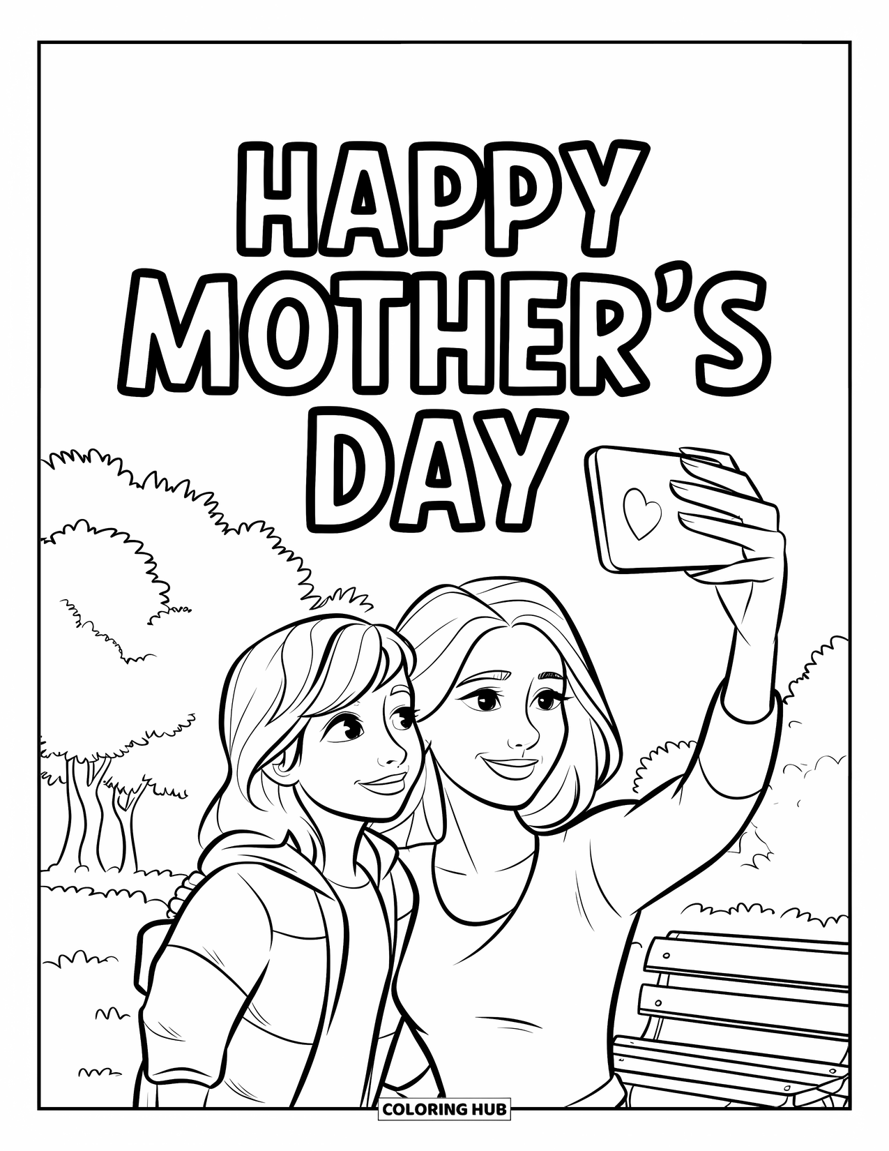 Happy Mothers Day Coloring Page for Kids: A mother and daughter pose happily for a Mother's Day selfie