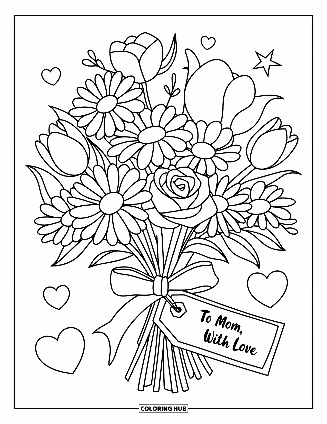 Happy Mothers Day Coloring Page for Kids: A pretty bouquet with a tag saying "To Mom, With Love"