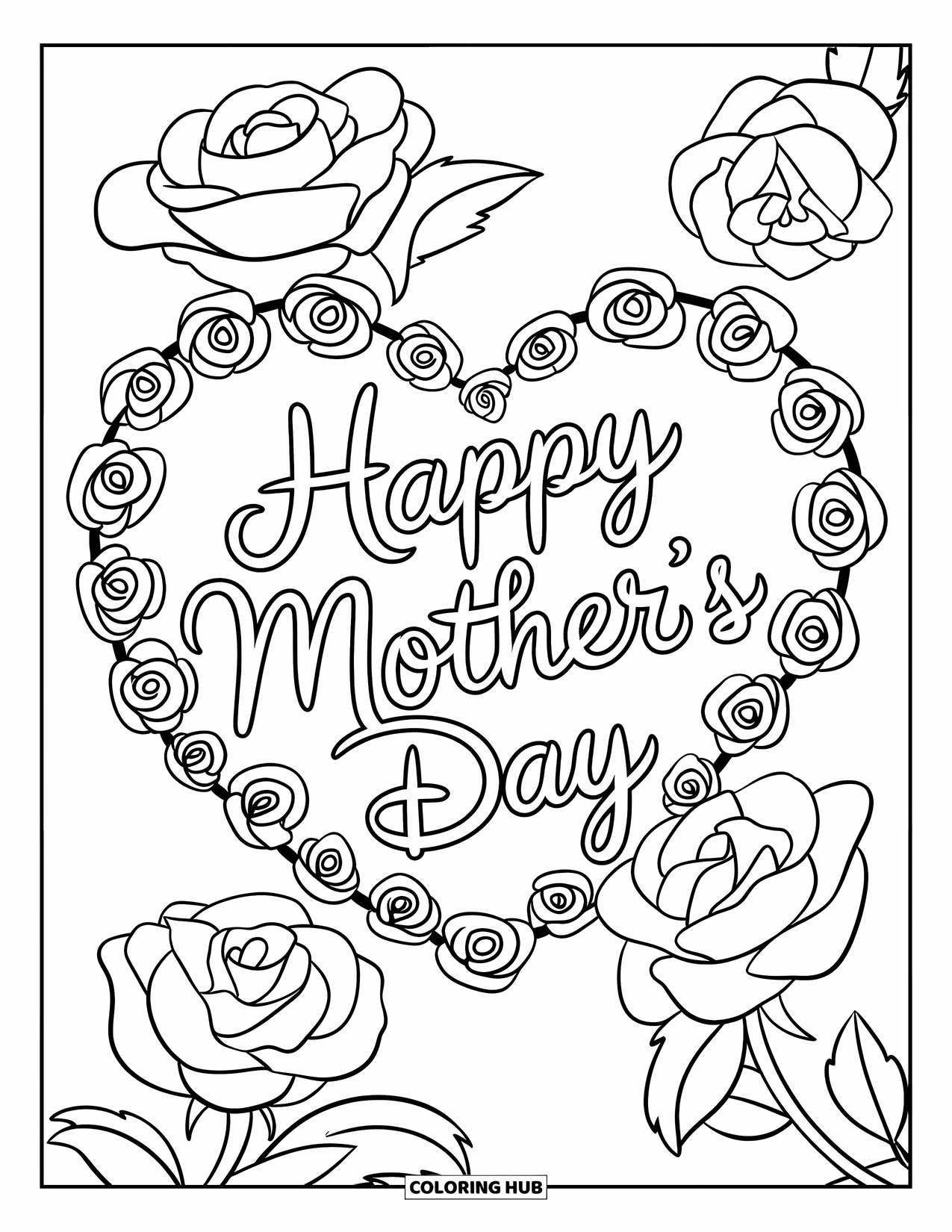 Happy Mothers Day Coloring Page for Kids: A rose heart frames the words "Happy Mother's Day"