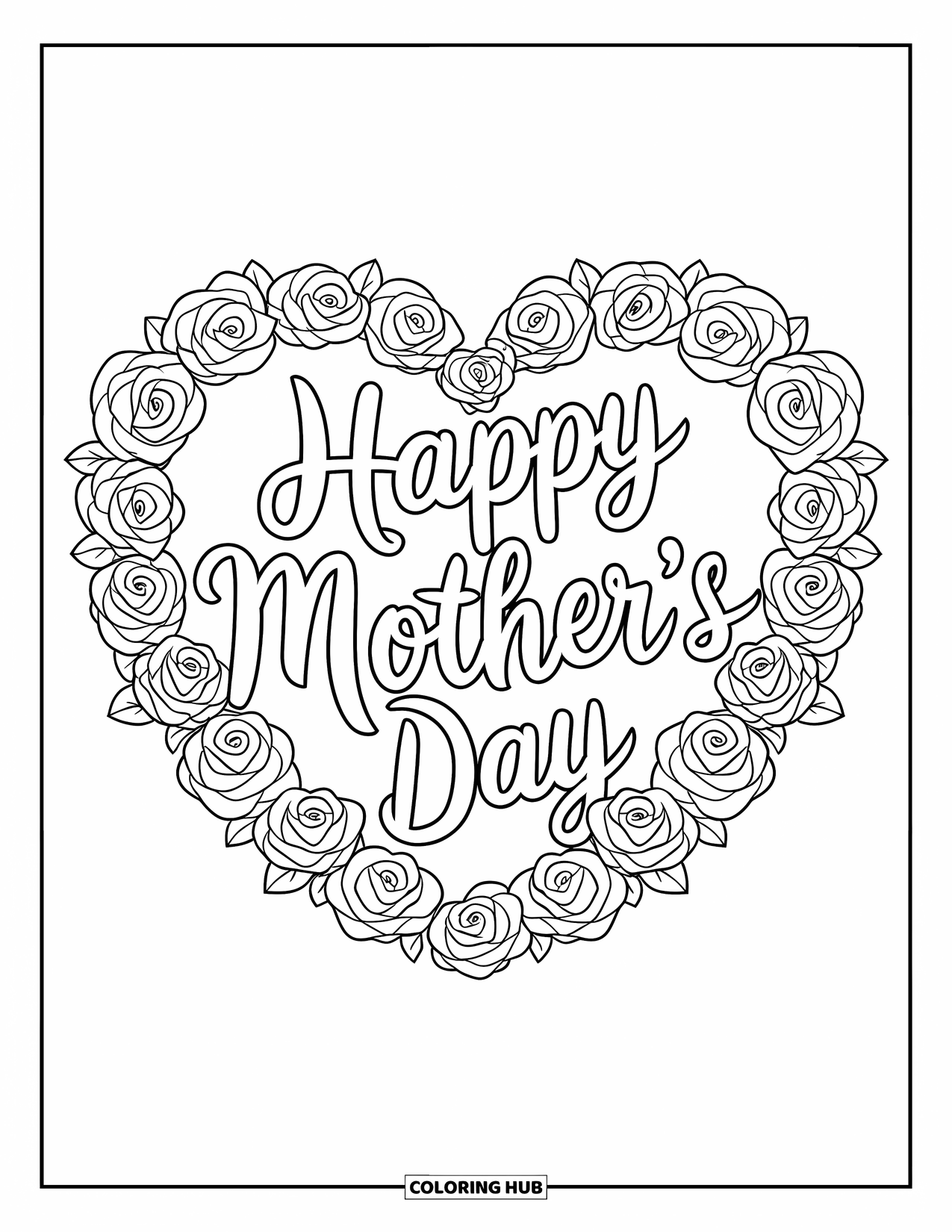 Happy Mothers Day Coloring Page for Kids: A rose-shaped heart wraps around the words "Happy Mother's Day"