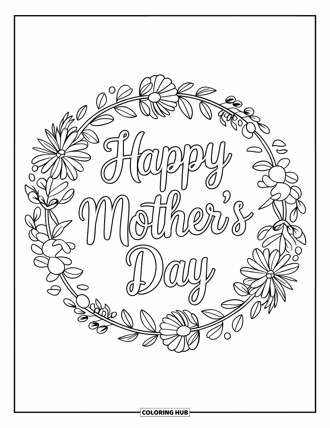Happy Mothers Day Coloring Page for Kids: A round wreath of flowers says "Happy Mother's Day"
