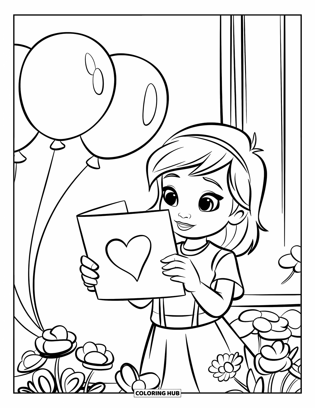 Happy Mothers Day Coloring Page for Kids: A smiling child hands a card with a heart to Mom
