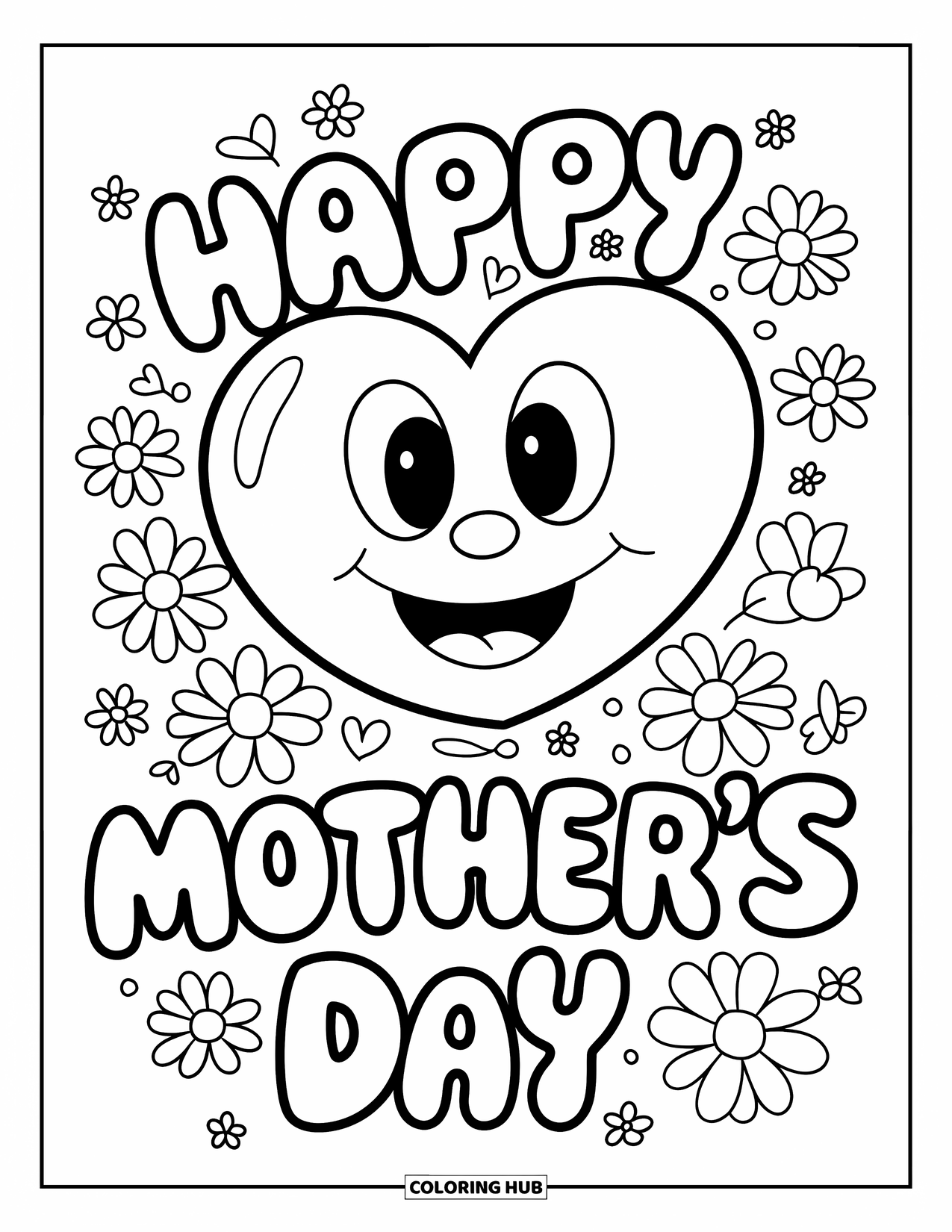 Happy Mothers Day Coloring Page for Kids: A smiling heart and flowers celebrate with "Happy Mother's Day"