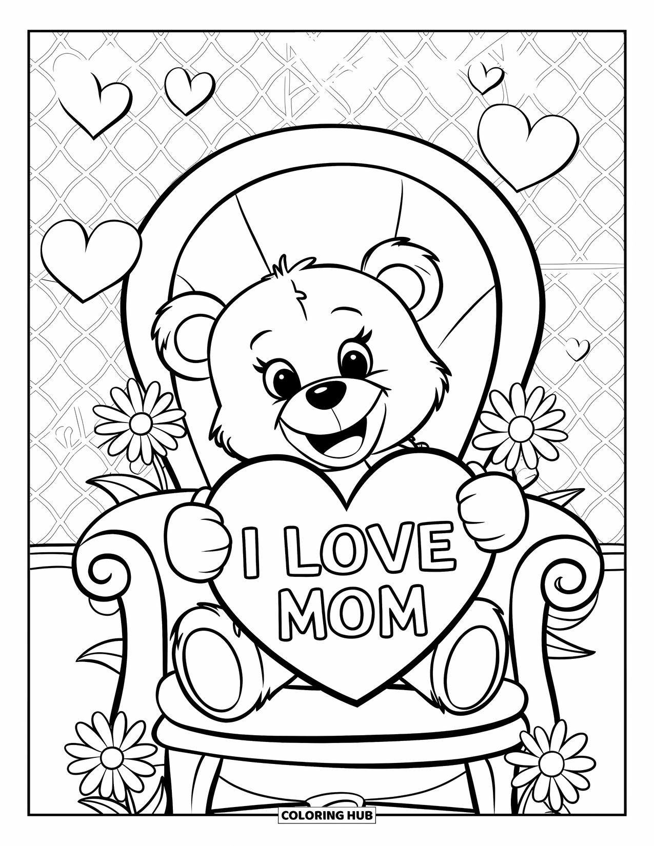 Happy Mothers Day Coloring Page for Kids: A teddy bear holds a loving sign in a cozy room
