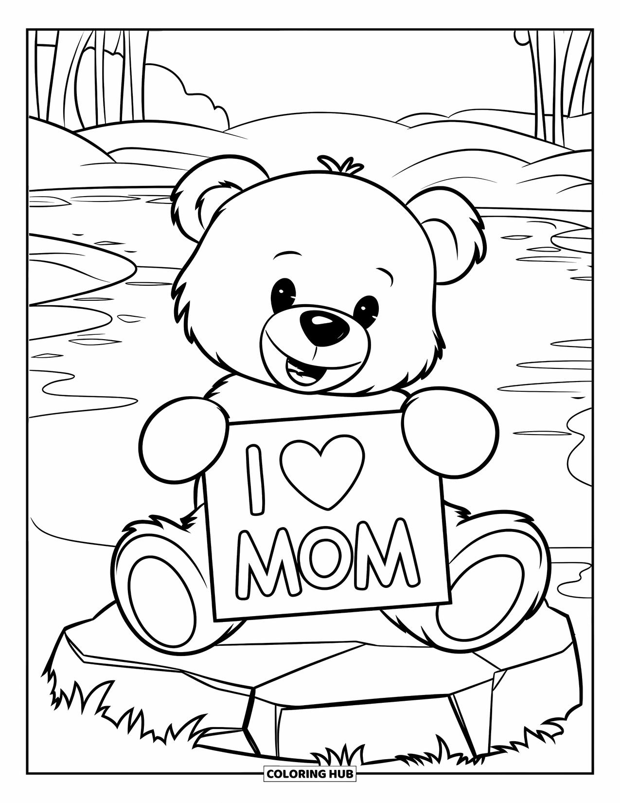 Happy Mothers Day Coloring Page for Kids: A teddy bear with a heart sign says "I Love Mom"