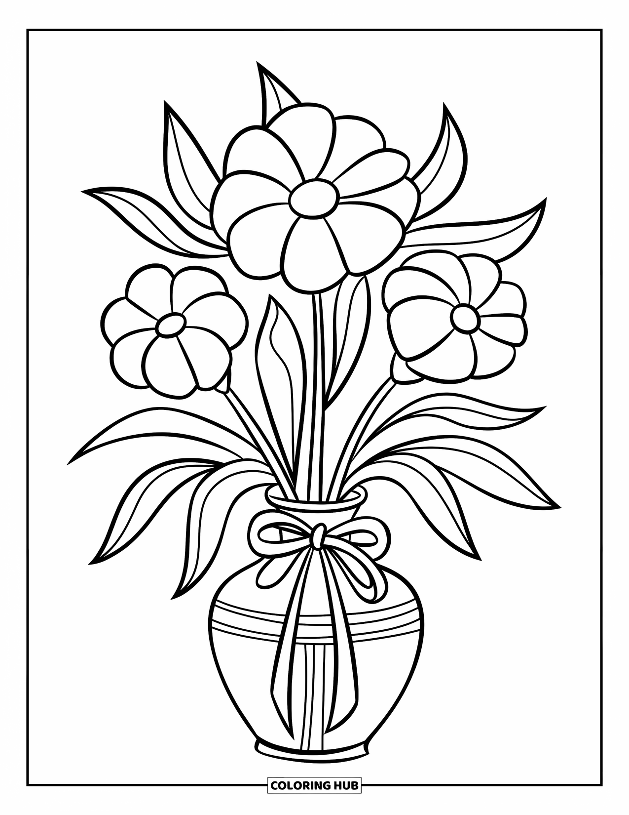 Happy Mothers Day Coloring Page for Kids: A vase of flowers tied with a ribbon stands tall for Mom