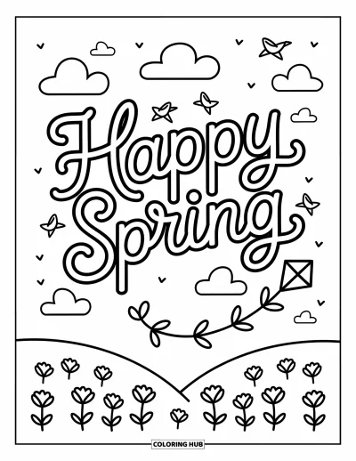 Boldog tavaszt kifestő felnőtteknek: Égbolt jelenet "Happy Spring" felirattal felhők és virágos dombok közt