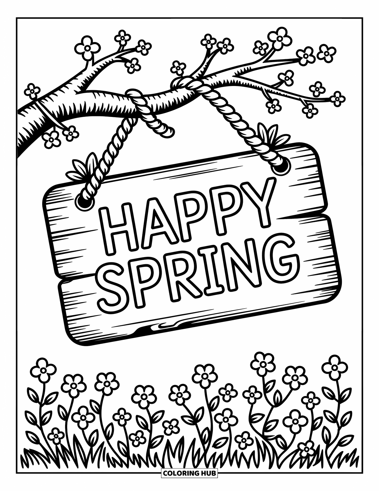 Happy Spring Coloring Page for Adults: A wooden sign reading "Happy Spring" hangs from a cherry branch with vines