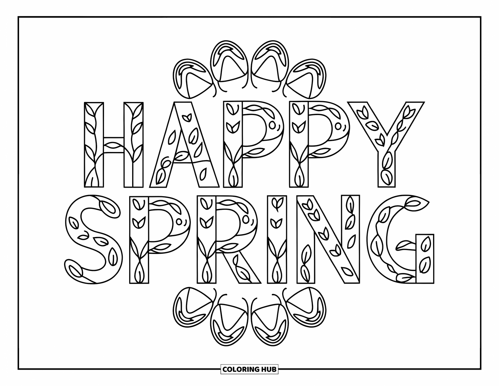 Happy Spring Coloring Page for Adults: Bold "Happy Spring" text with leaf patterns surrounded by a floral mandala