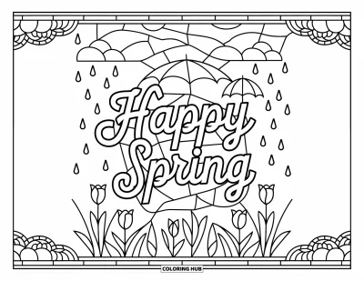 Boldog tavaszt kifestő felnőtteknek: Kurzív "Happy Spring" ólomüveg tavaszi jelenet fölé rétegezve