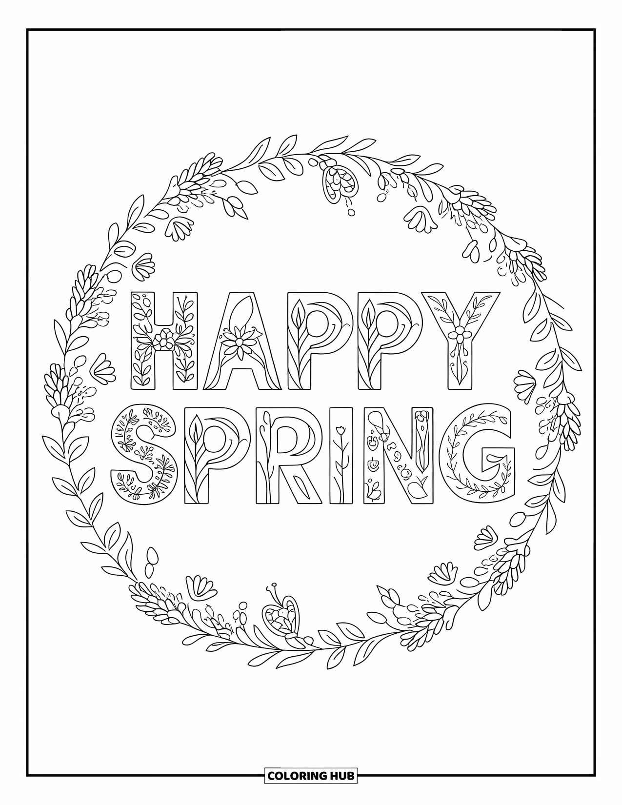 Happy Spring Coloring Page for Adults: Decorative "Happy Spring" filled with flowers, framed by spring icons