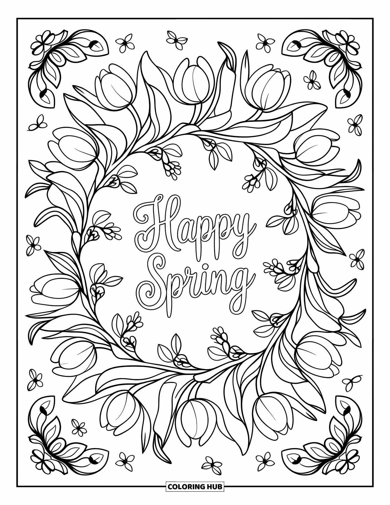 Happy Spring Coloring Page for Adults: Elegant "Happy Spring" surrounded by tulips, leaves, and butterflies