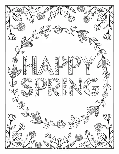 Boldog tavaszt kifestő felnőtteknek: Virágos "Happy Spring" nagybetűk kúszónövényekkel, bimbókkal és méhekkel körülvéve