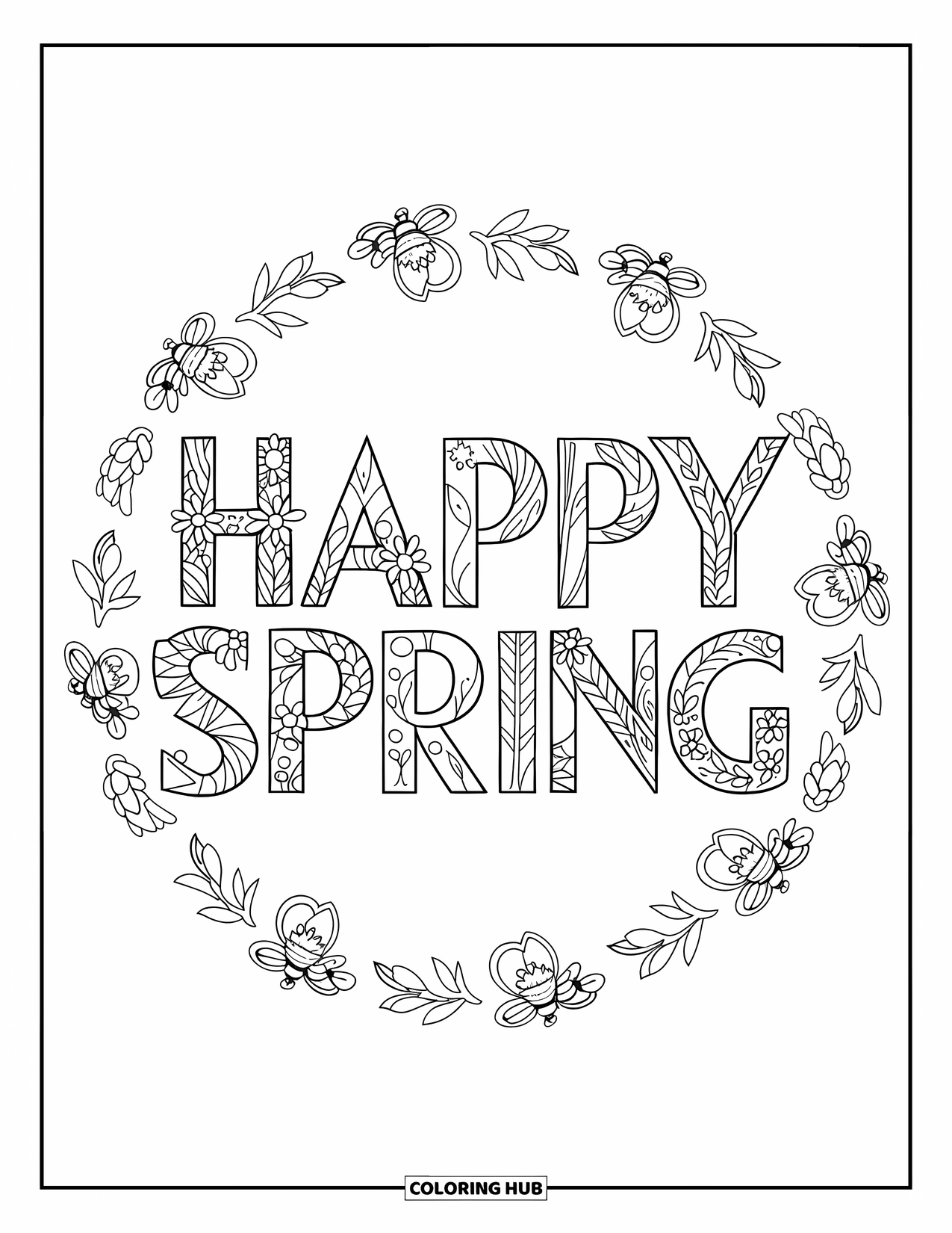 Happy Spring Coloring Page for Adults: Floral "Happy Spring" letters surrounded by bees, vines, and buds