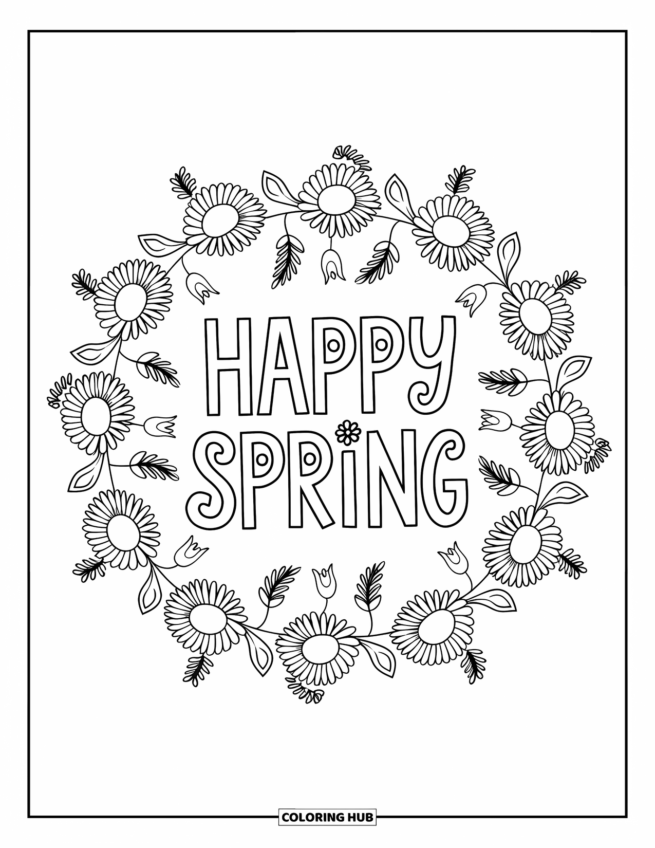 Happy Spring Coloring Page for Adults: Hand-drawn "Happy Spring" framed by a sunflower and fern mandala