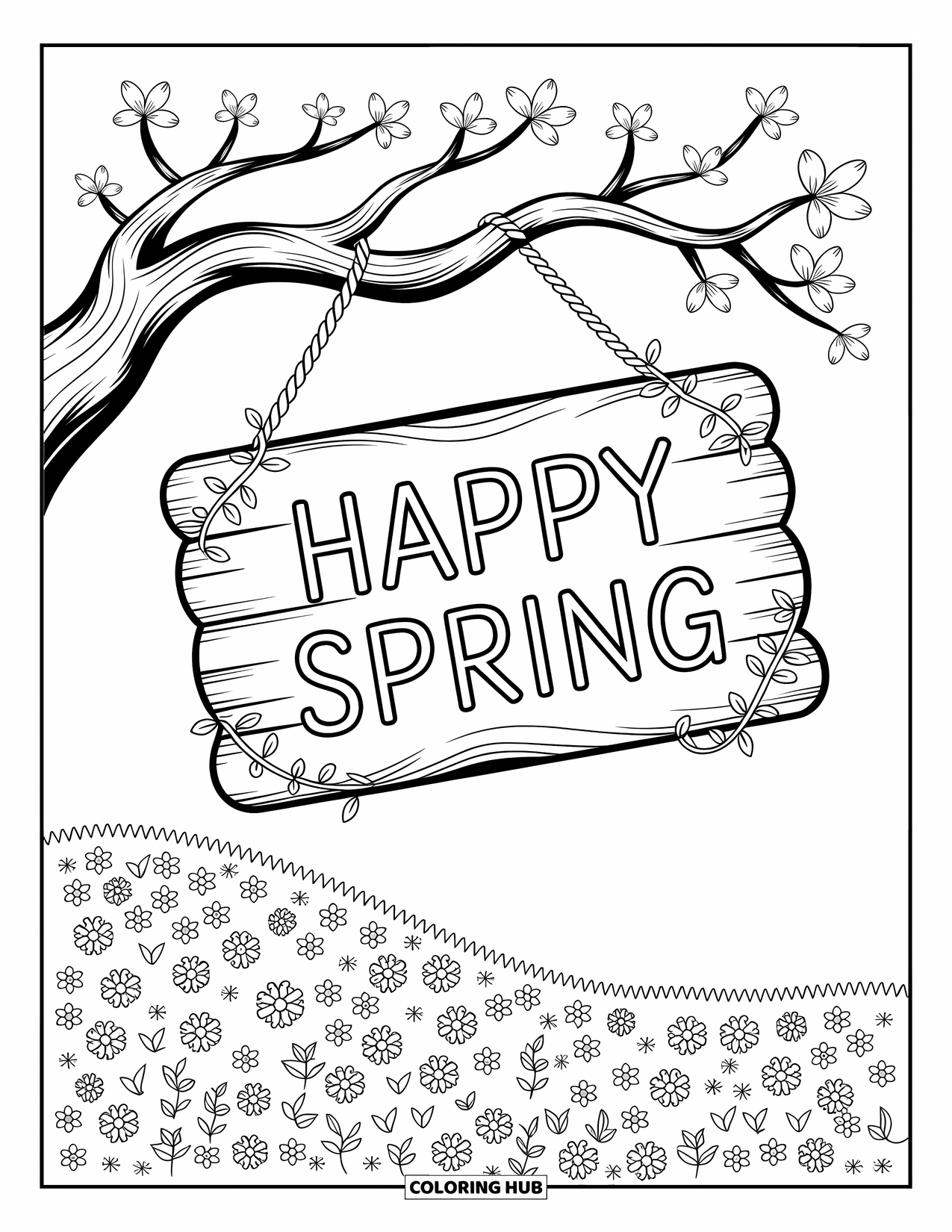 Happy Spring Coloring Page for Adults: "Happy Spring" carved on a wooden sign hanging from a flowering tree branch