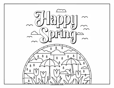 Boldog tavaszt kifestő felnőtteknek: "Happy Spring" kurzív felirat ólomüveg tulipán- és esőcseppes körben