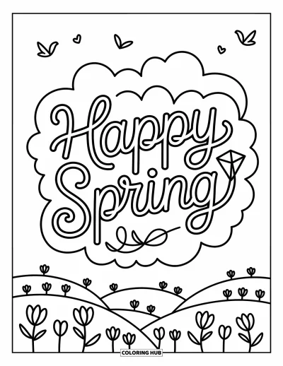Boldog tavaszt kifestő felnőtteknek: "Happy Spring" az égen lebeg felhőkkel, madarakkal és kíváncsi sárkánnyal