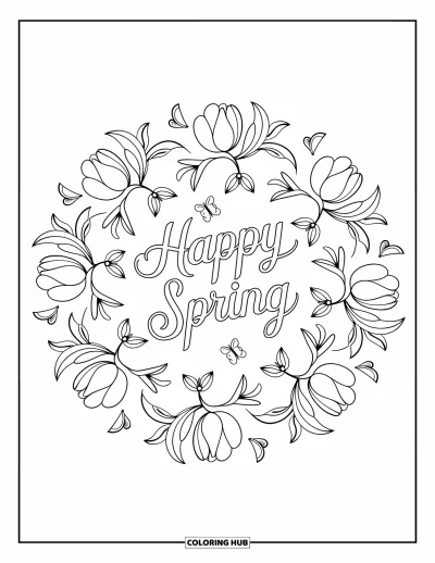 Boldog tavaszt kifestő felnőtteknek: "Happy Spring" kézzel írva virágos mandalában pillangókkal