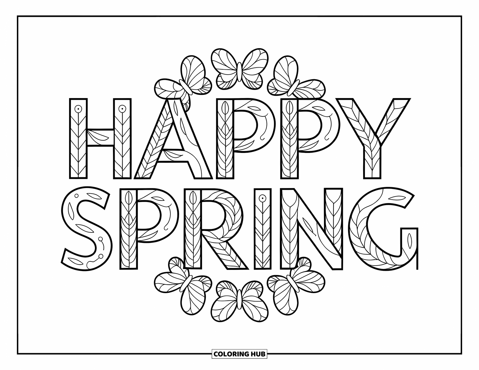 Happy Spring Coloring Page for Adults: "Happy Spring" in bold serif letters framed by a floral butterfly mandala