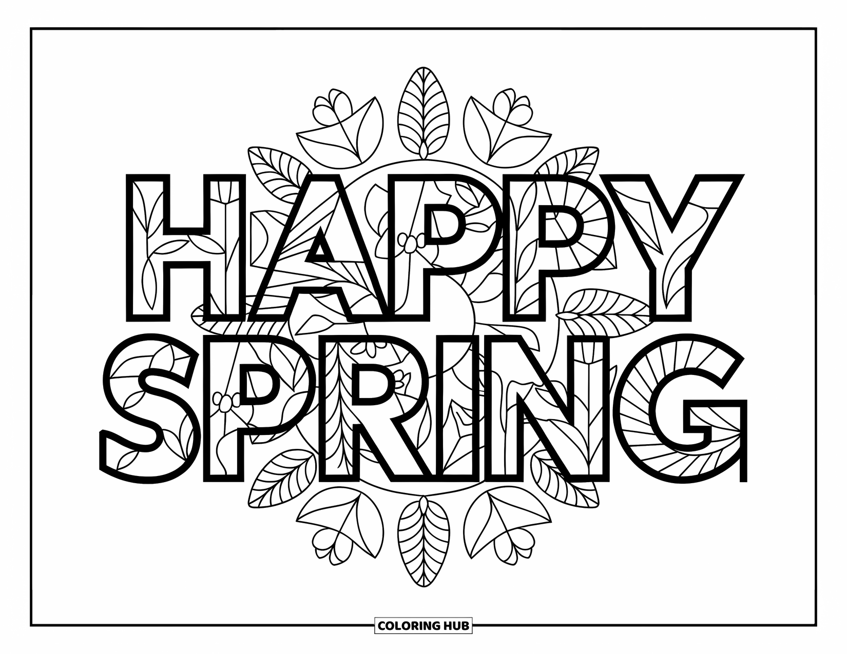 Happy Spring Coloring Page for Adults: "Happy Spring" in leafy letters encircled by a botanical mandala of butterflies