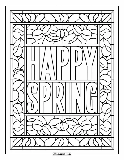 Boldog tavaszt kifestő felnőtteknek: "Happy Spring" talpas betűkben ólomüveg virágpanelek keretébe foglalva