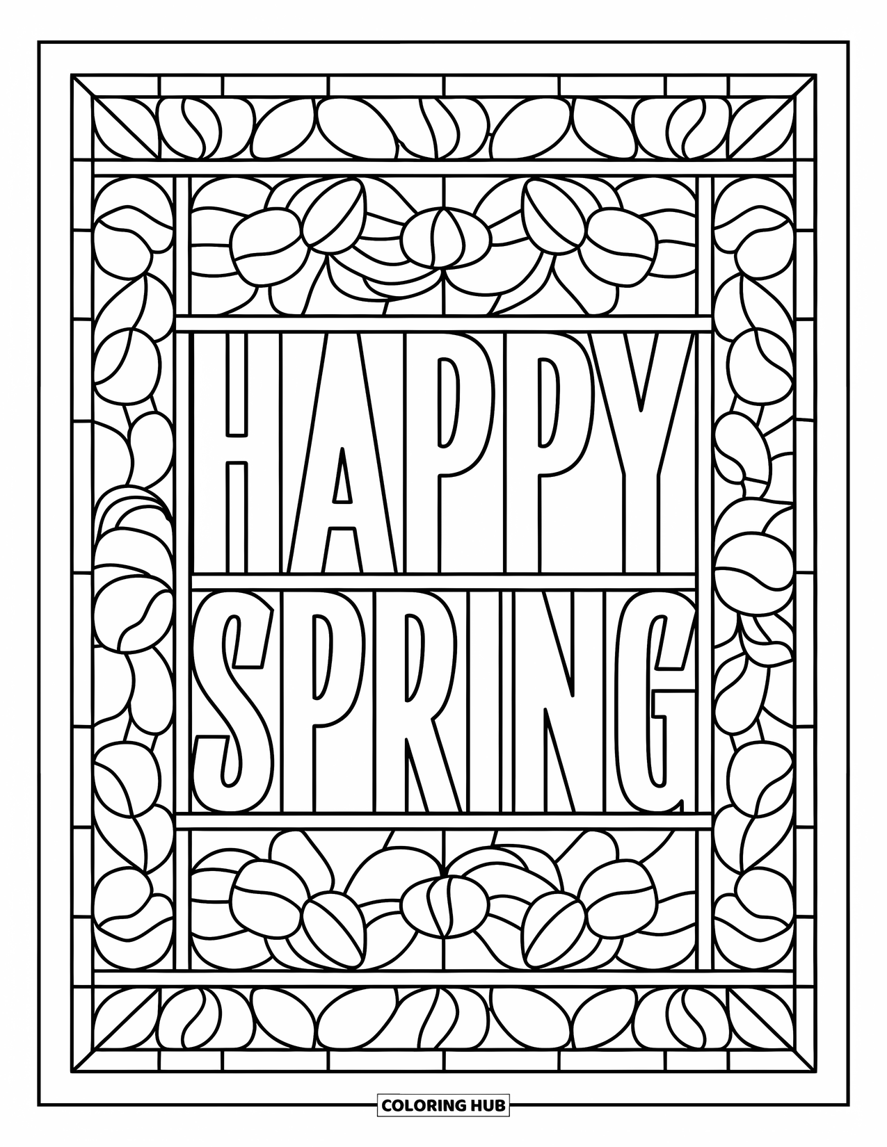 Happy Spring Coloring Page for Adults: "Happy Spring" in serif font framed by stained-glass floral panels