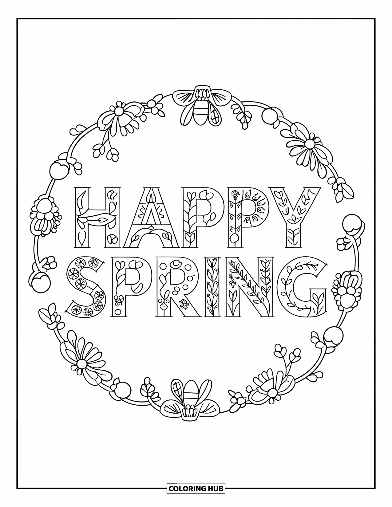Happy Spring Coloring Page for Adults: "Happy Spring" ornamental letters within a mandala of bees and leaves