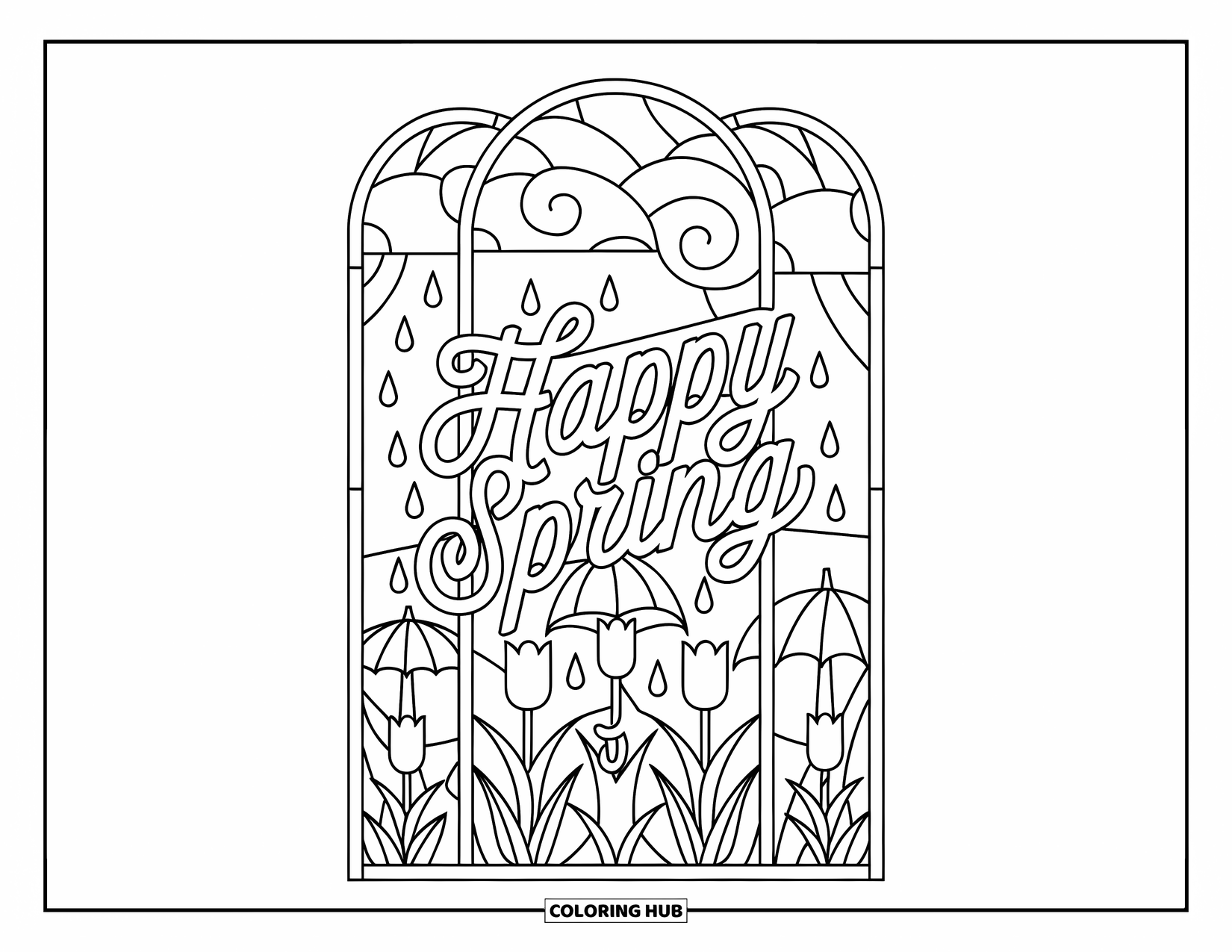 Happy Spring Coloring Page for Adults: "Happy Spring" over a stained-glass window of tulips and umbrellas